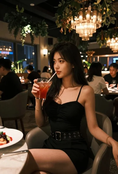 Young woman in black dress seated in upscale restaurant setting