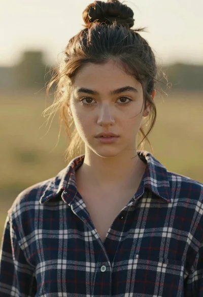 Portrait of woman in plaid shirt at golden hour
