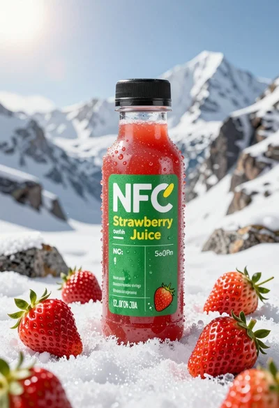 Close up product shot of strawberry juice bottle on snowy mountain rock