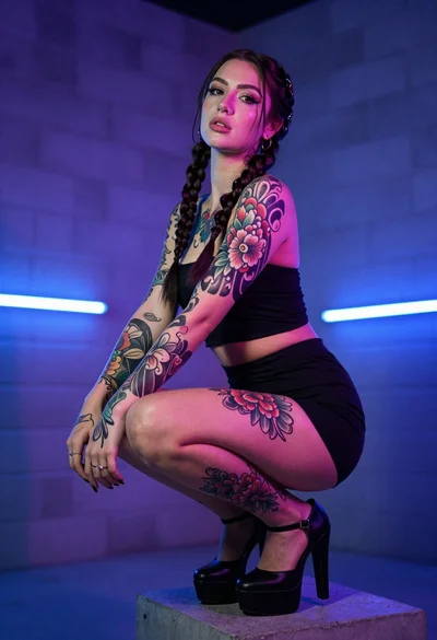 Woman with extensive tattoos crouching in dimly lit room with neon glow