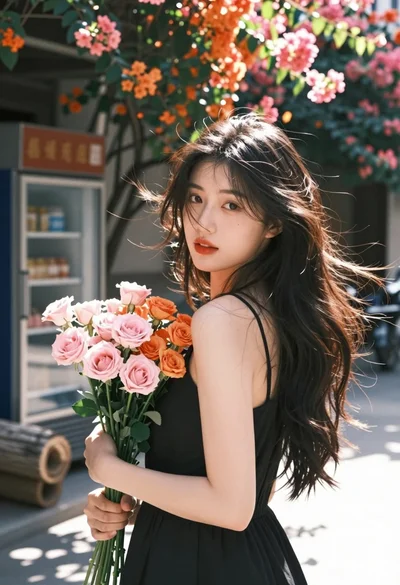 Young woman with dark hair holding flowers outdoors near flowering vines
