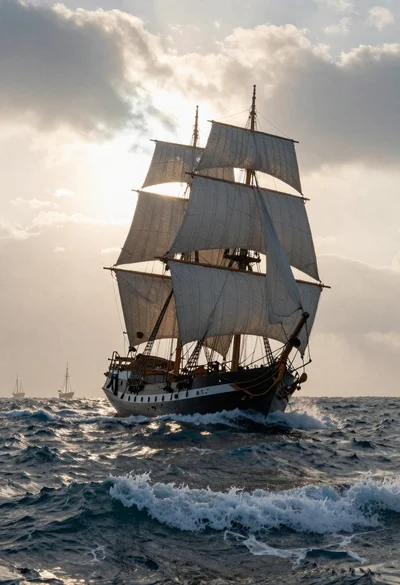 Sailing ship cutting through rough seas at golden hour