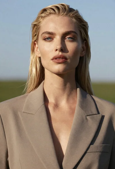 Medium close up portrait of blonde woman with blue eyes outdoors