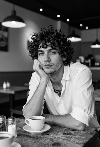 Pensive young man in cafe setting with coffee cup foreground
