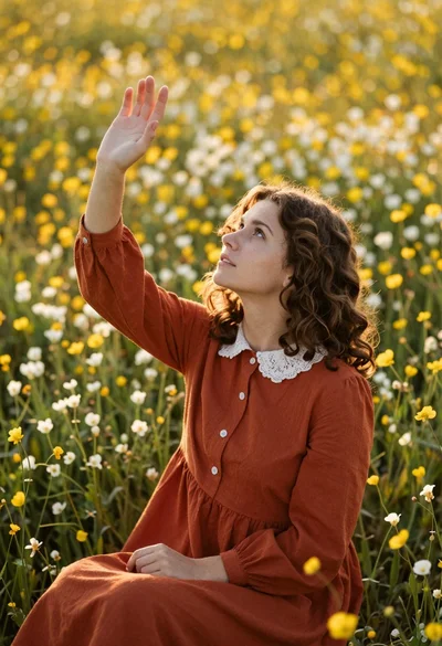 Young woman in rust dress reaching toward sky in wildflower meadow