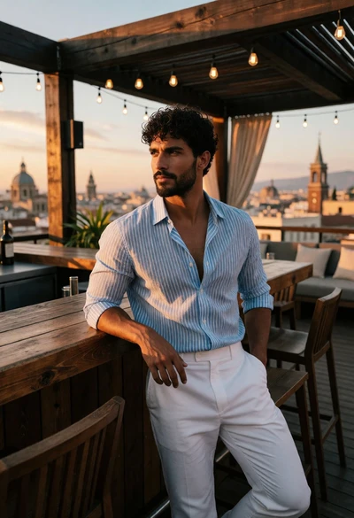 Handsome man leaning on bar counter overlooking historic city skyline at sunset