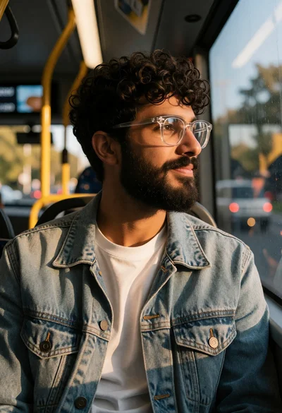 Young man with beard in denim jacket sitting on a public bus