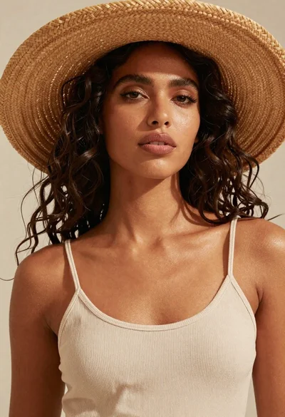 Woman with dark hair wearing beige camisole under straw hat