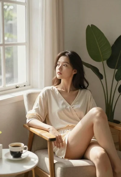 Woman relaxing in armchair by a bright window