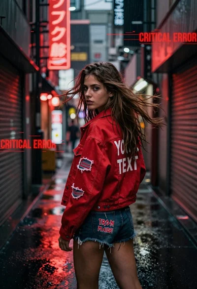 Young woman looking back over shoulder in wet neon alleyway