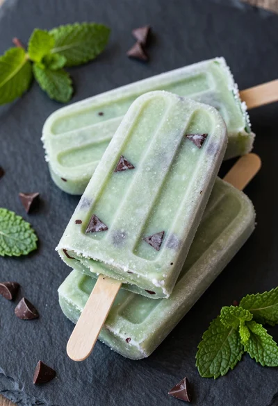 High angle close up food photography of green mint chocolate chip popsicles