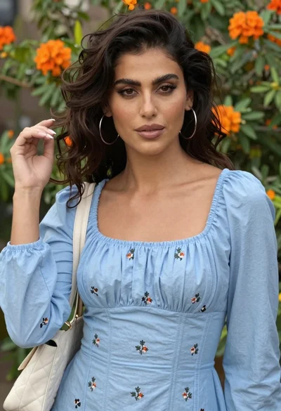 Close up portrait of woman with dark brown hair in blue dress