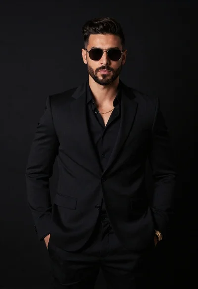 Handsome man in all black suit standing against solid dark studio background