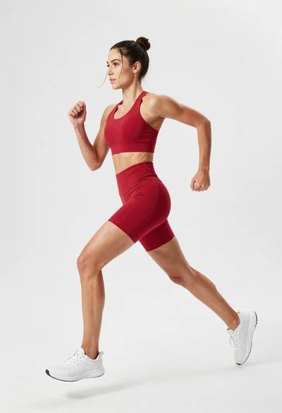 Fit woman in red athletic wear running on white background