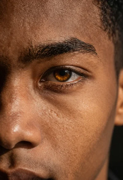 Photorealistic close up portrait of an amber eye