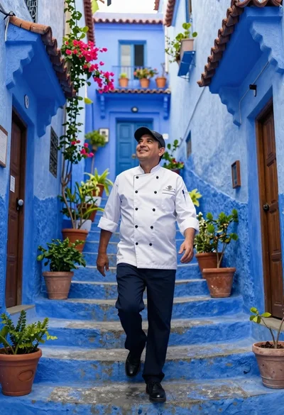 Chef walking up blue stone stairs with flowers