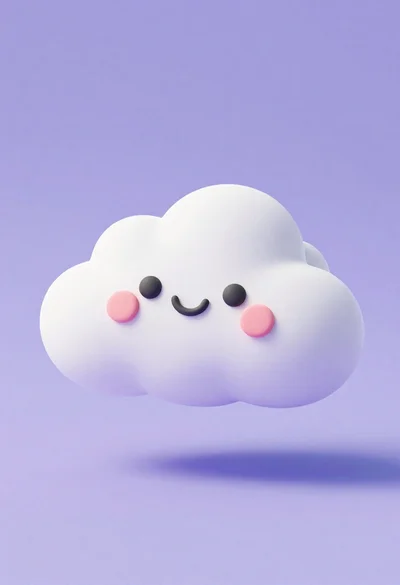 Cute fluffy white cloud character with happy face floating in center