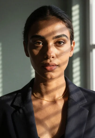 Portrait of woman with striped shadows from blinds