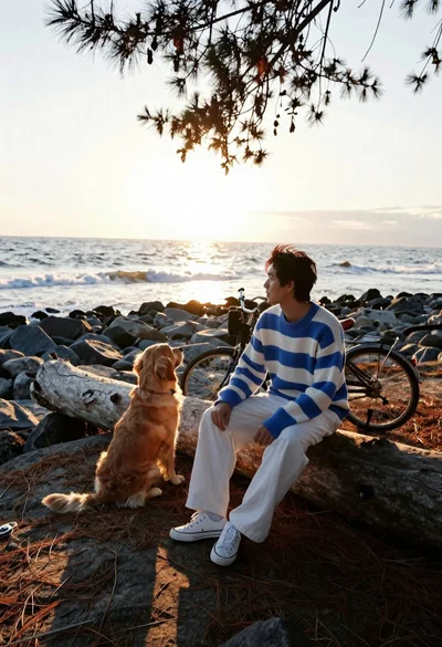 Man and golden retriever dog sitting on log by ocean at sunset