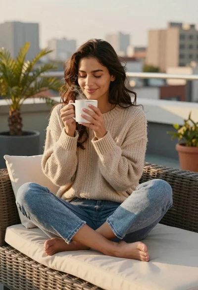 Young woman in knit sweater holding mug on rooftop at sunset