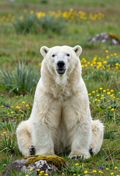 Photorealistic polar bear sitting calmly in a lush green meadow with wildflowers