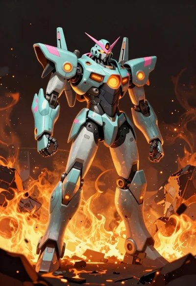 Mechanical robot standing amidst flames and rubble