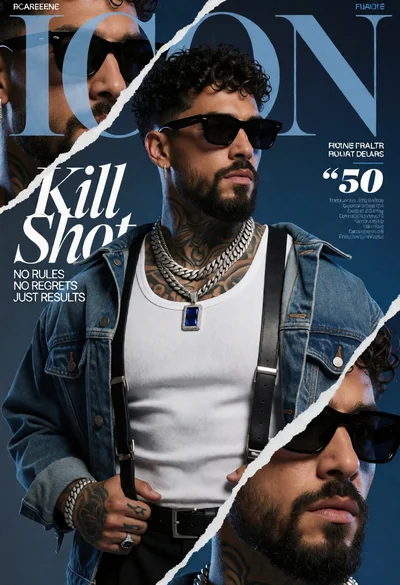 Muscular man in denim jacket against blue collage background for magazine cover