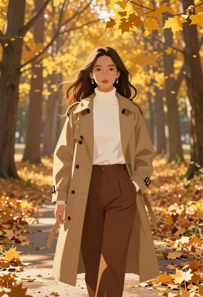 Stylish woman in trench coat in autumn forest