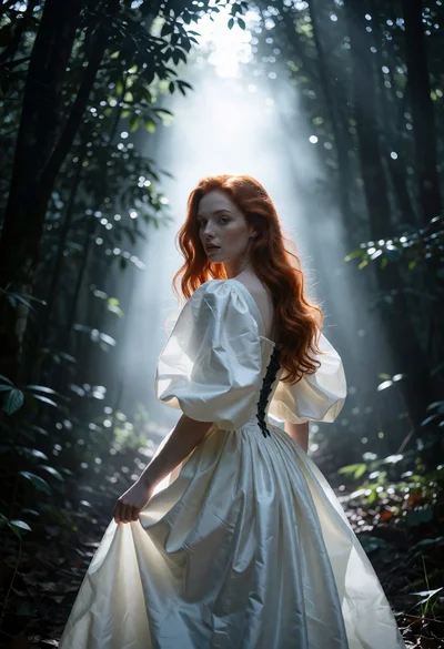 Woman with red hair in white gown standing in a misty forest