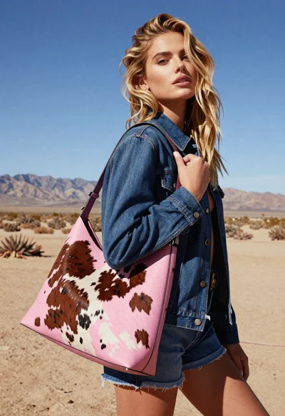 Blonde woman in denim jacket standing in dry desert landscape
