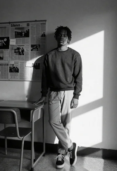 Black and white portrait of young black man leaning against wall next
