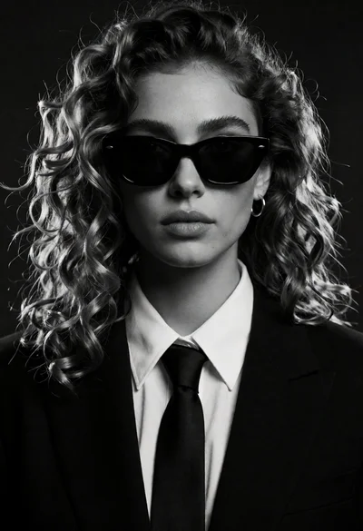 Black and white portrait of woman in blazer with curly hair