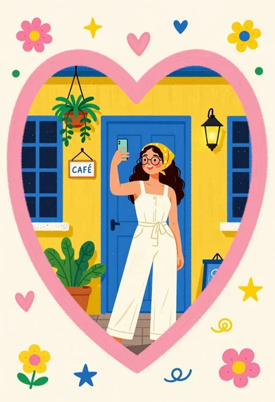 Cheerful woman taking selfie in front of yellow building with blue door