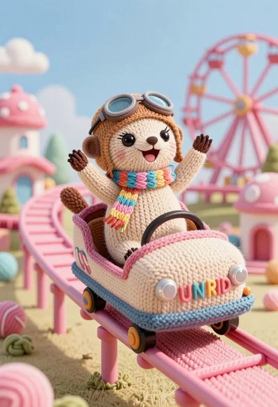 Knitted meerkat pilot riding roller coaster in whimsical yarn amusement park