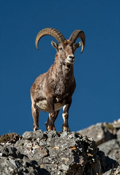 Majestic mountain goat standing on rugged rock formation against deep blue background