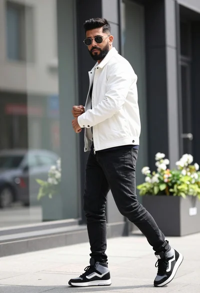 Man in white jacket walking on urban street against modern glass building