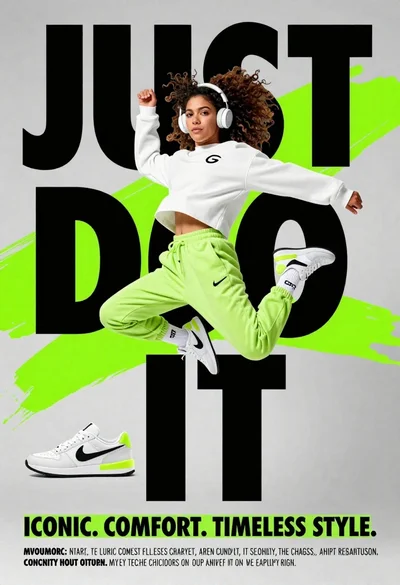 Young woman in athletic pose midair wearing white sneakers against graphic background