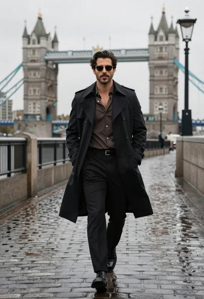 Confident man in black trench coat walking on wet cobblestone path