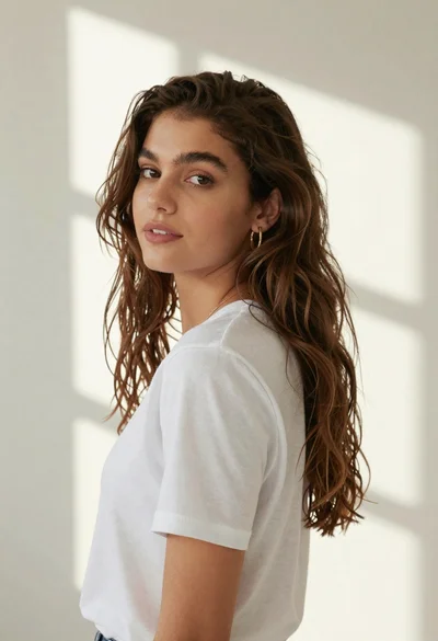 Woman in white tshirt against striped sunlight backdrop