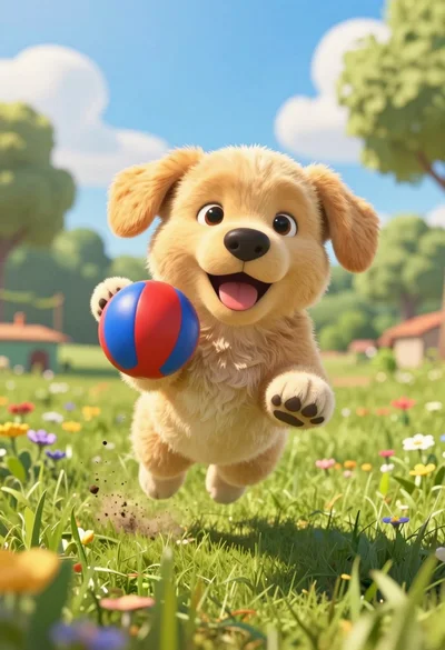 Fluffy golden puppy jumping joyfully in sunlit meadow with colorful ball