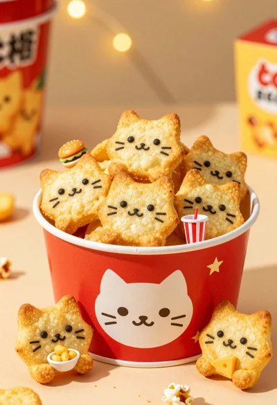 Close up of cat shaped potato chips in red bucket with bokeh