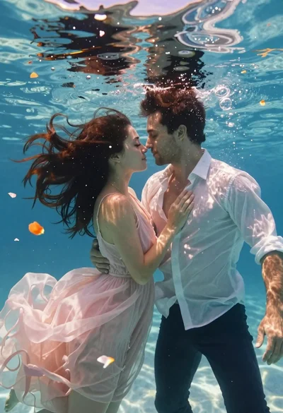 Romantic couple embracing underwater in clear blue water with floating flower petals