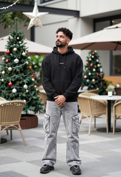 Man standing confidently in an urban plaza with holiday decorations