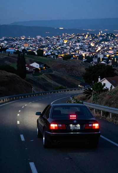 Black sedan on highway winding through hilly landscape at dusk