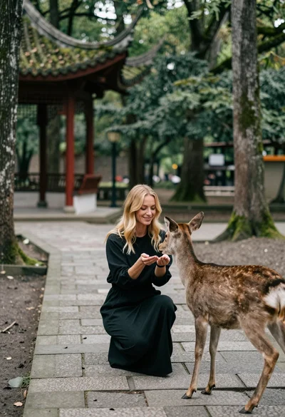 Woman feeding deer on stone path near asian pavilion in lush forest