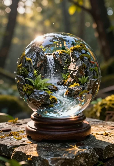 Crystal ball miniature landscape on stone outdoors