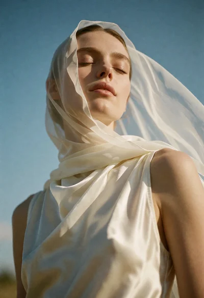 Low angle portrait of woman veiled in sheer fabric against clear blue