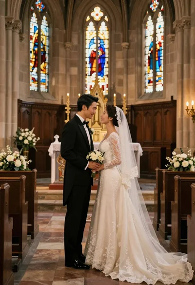 Bride and groom exchanging loving glances at a grand historic church altar