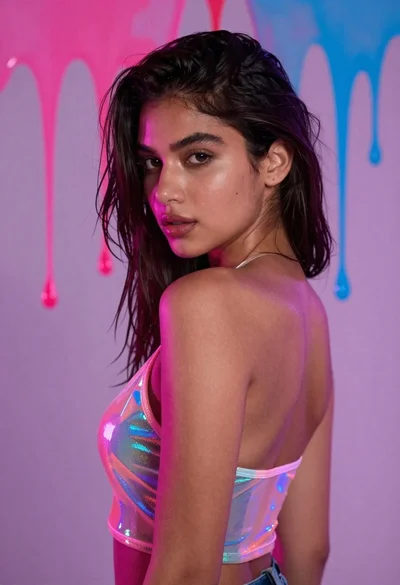 Portrait of young woman with glowing eyes under neon light