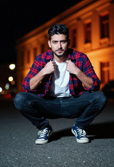 Man crouching in low squat pose on asphalt surface at night
